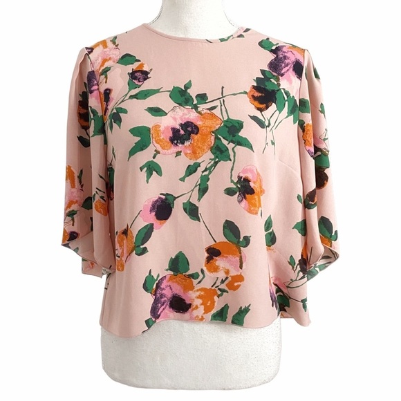 Aritzia WILFRED WITH SILK PINK ORANGE GREEN FLORAL WIDE HALF SLEEVE TOP - M - Picture 1 of 11